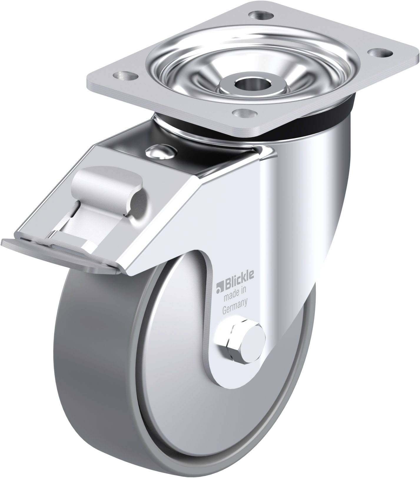 Metallschwenkrolle mit Rollenlager und Befestigungsplatte, glänzende Oberfläche. Geeignet für Möbel oder leichte Geräte.