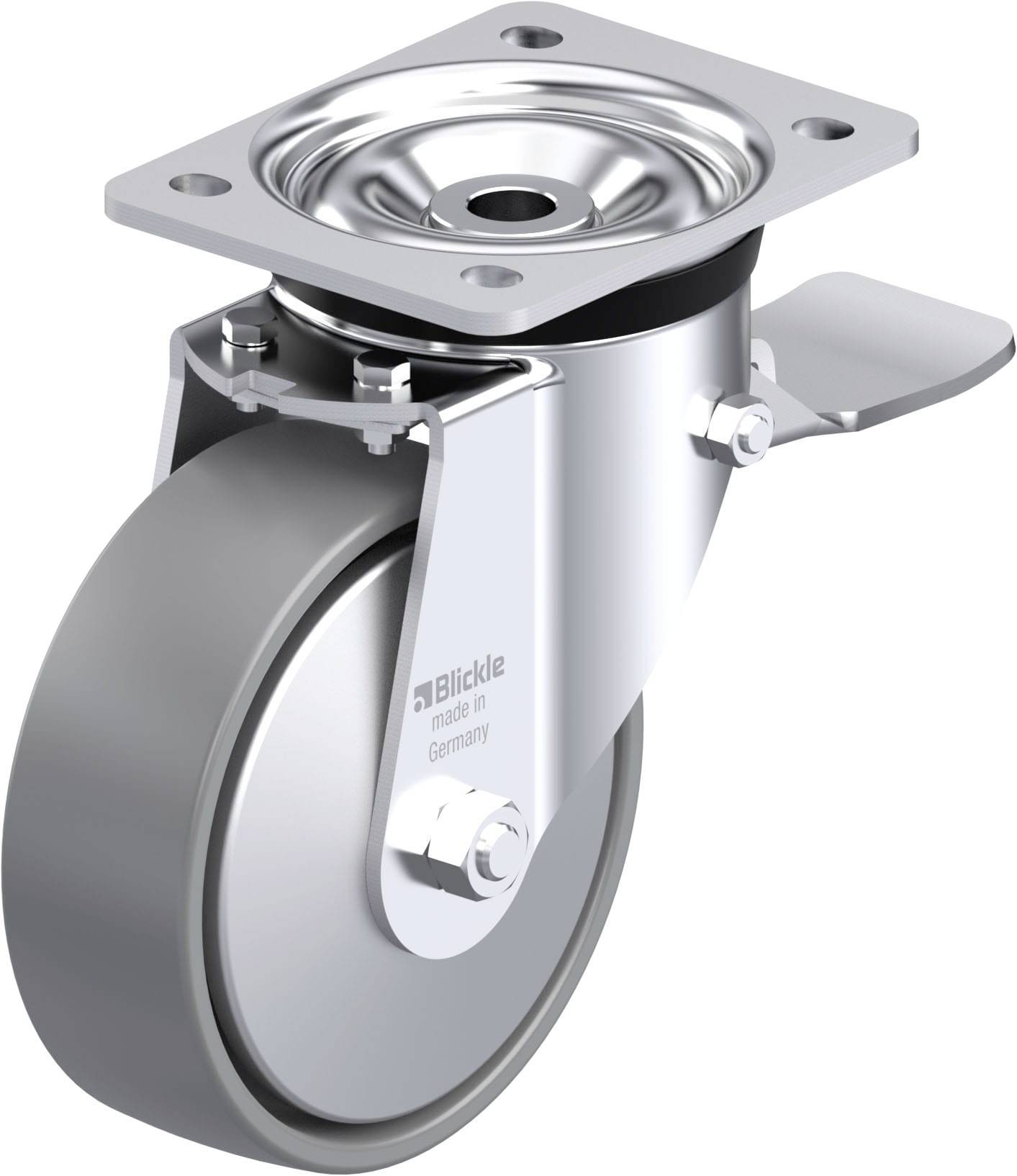 Silbernes Lenkrolle mit Bremse, geeignet für industrielle Anwendungen. Die Rolle ist robust und ermöglicht eine 360-Grad-Bewegung.