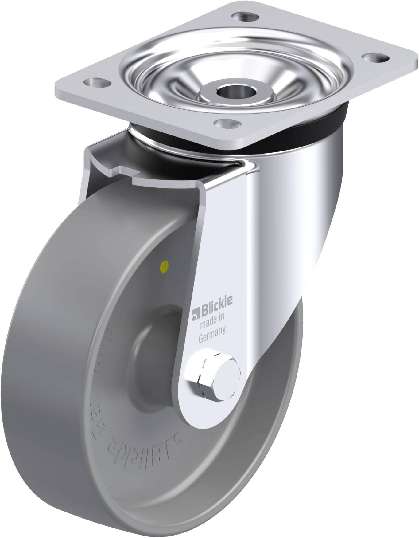 Graues Industrie-Lenkrolle aus Metall und Kunststoff mit Aufschrift 'Blickle' an der Seite.