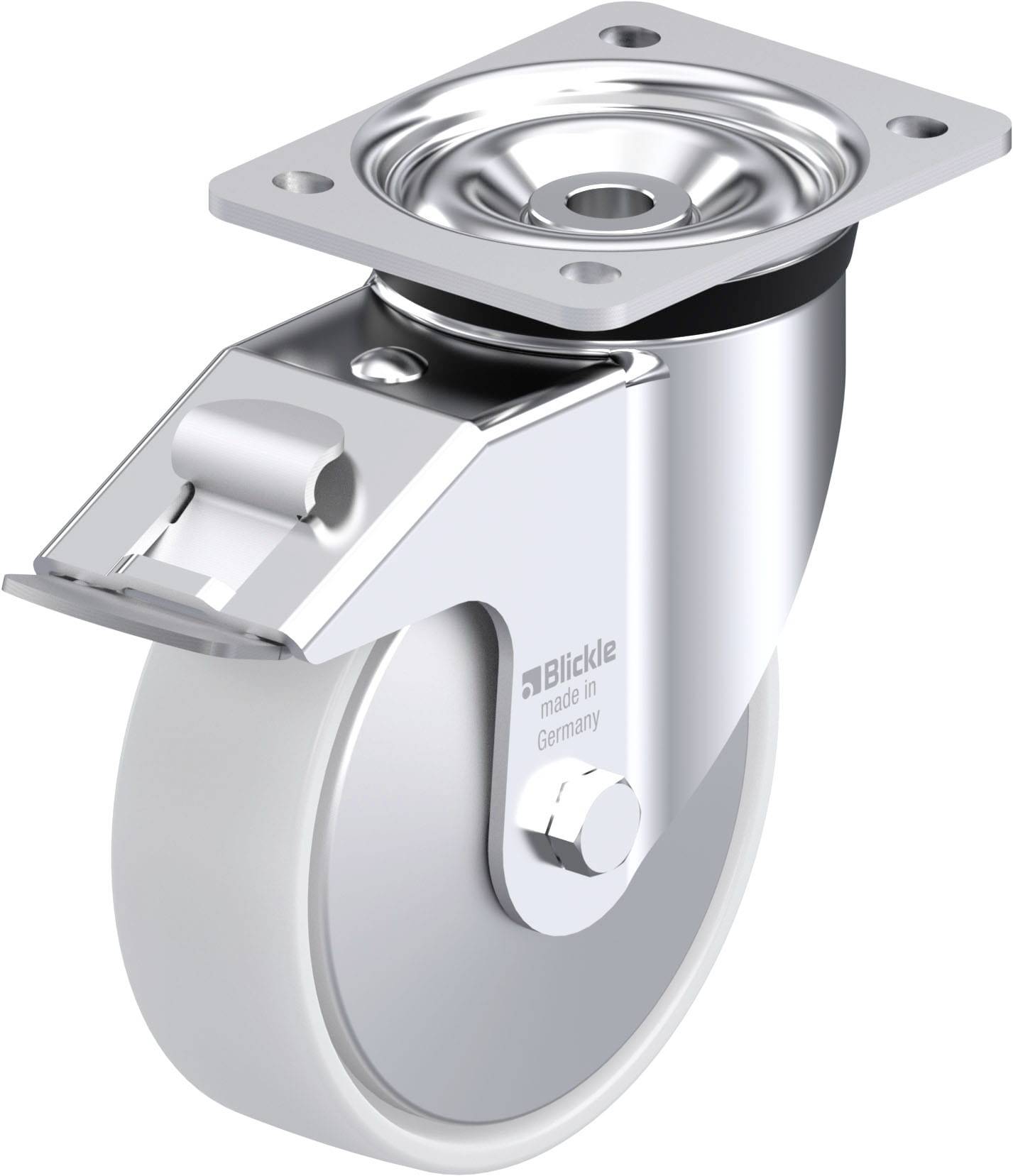 Schwenkrolle aus Metall mit grauem Rad, Halterung und Feststeller, geeignet zum Befestigen an Möbeln oder Wagen für Beweglichkeit.