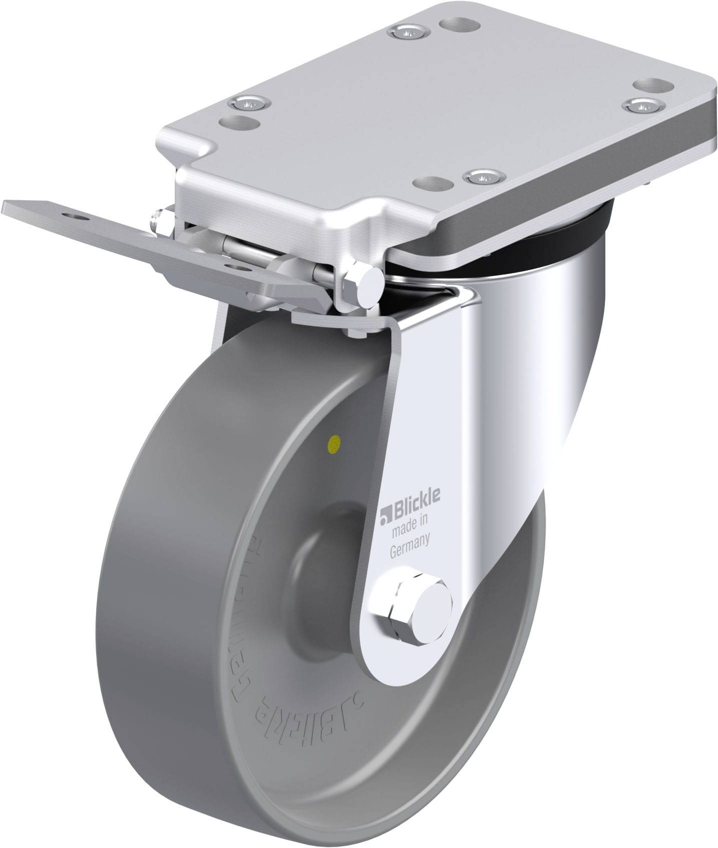 Rollenrad aus Metall mit grauem Rad, montiert auf einer Halterung. Entwickelt für industrielle Anwendungen mit hoher Belastbarkeit.