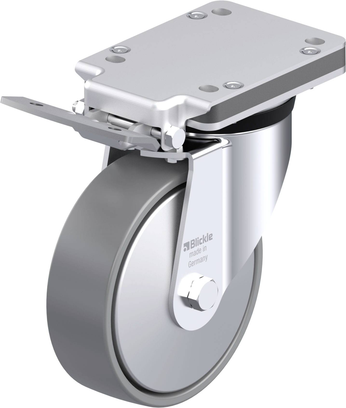 Schwenkrolle aus glänzendem Metall mit Befestigungsplatte, geeignet für Industrie- oder Transportanwendungen.