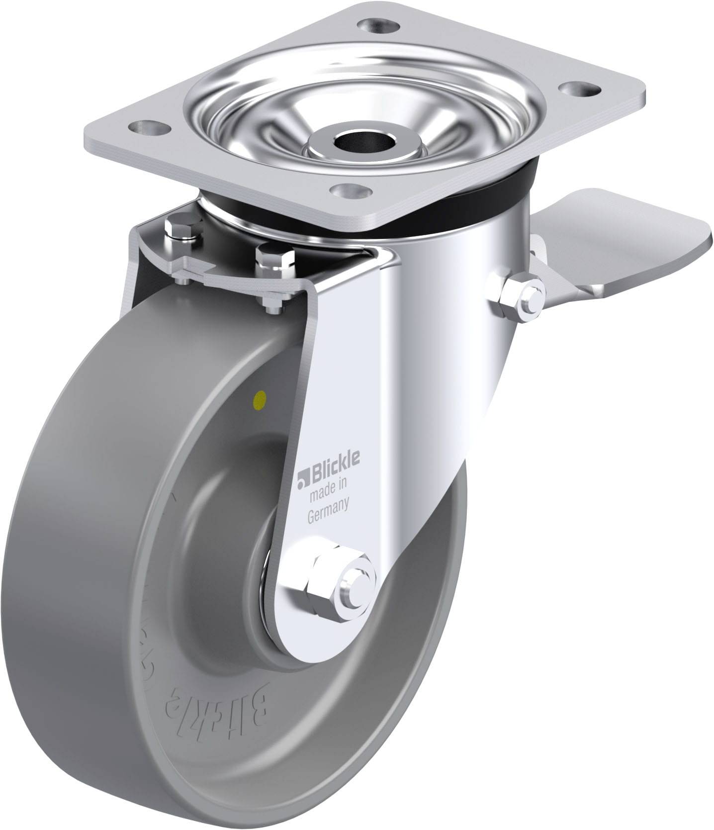 Rolle mit Metallplatte für eine bewegliche Konstruktion, silberfarben, aus Metall und Gummi. Seitliche Bremse sichtbar.