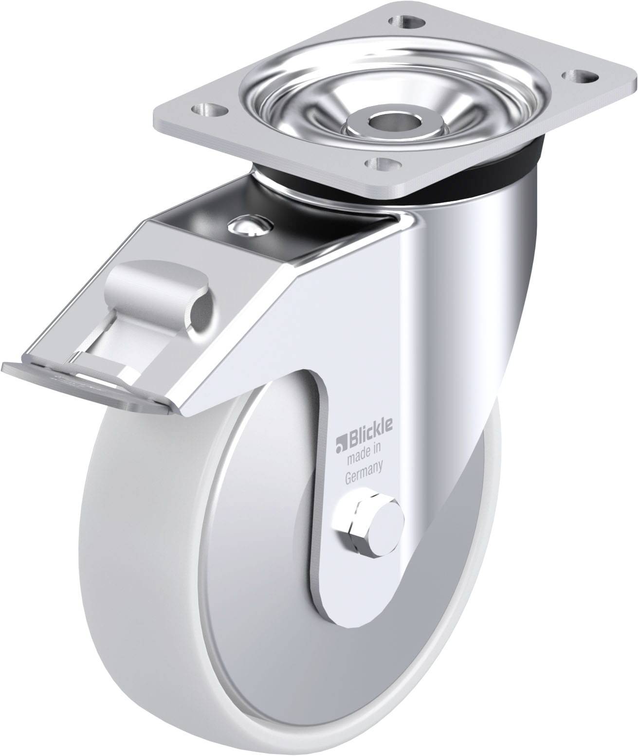 Rollstuhlrolle aus Metall und Gummi, mit Drehgelenk für leichte Beweglichkeit, geeignet für Industrieanwendungen.