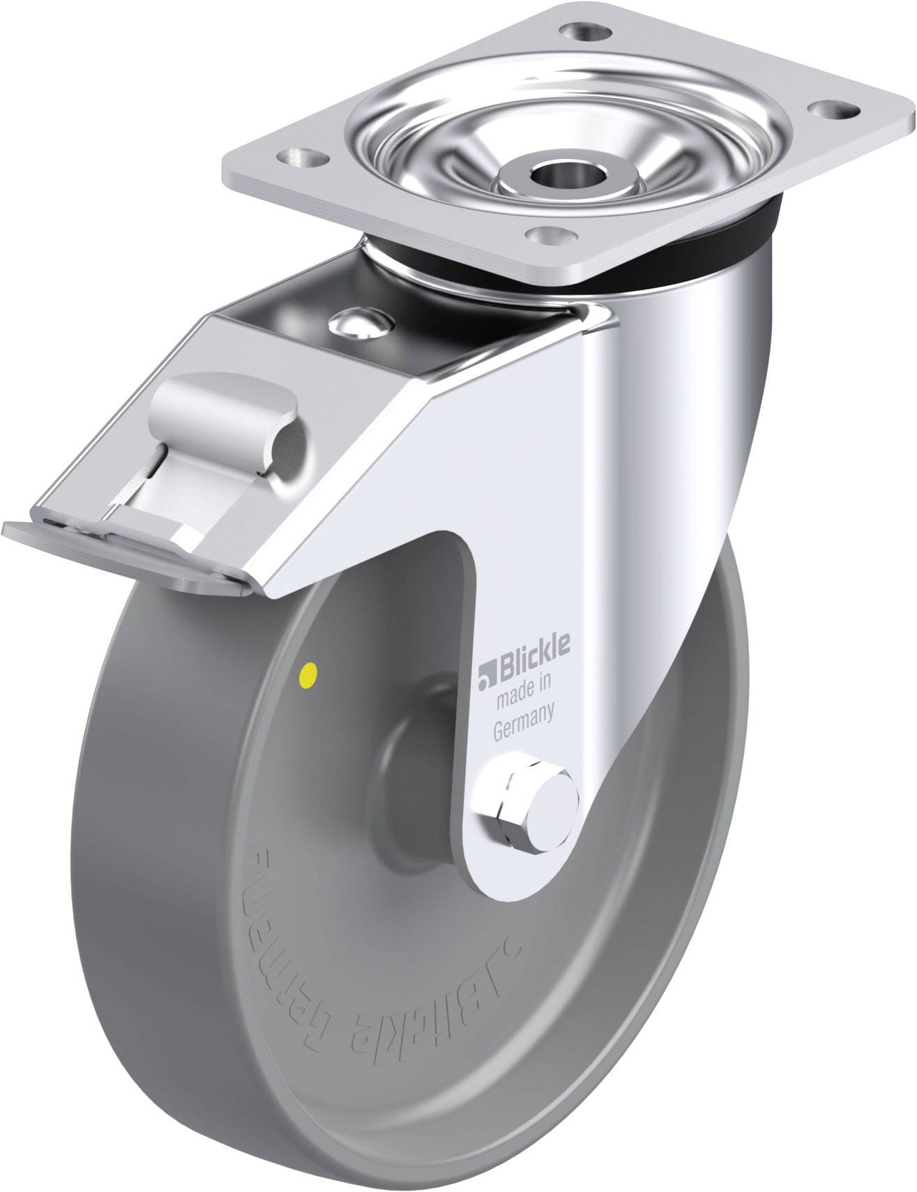 Graue, feststellbare Lenkrolle mit Metallgehäuse auf weißem Hintergrund.