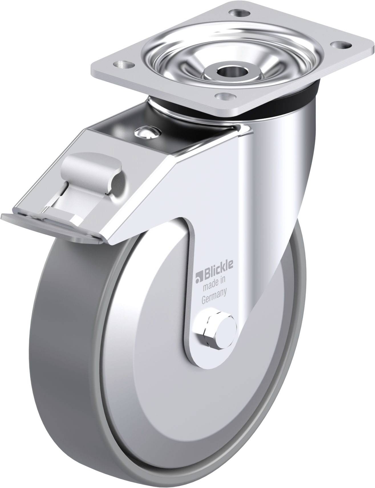 Ein silbernes Lenkrolle aus Metall, oben mit Montageplatte. Die Rolle ist für einfache Bewegung konstruiert. Aufschrift: 'Blickle'.
