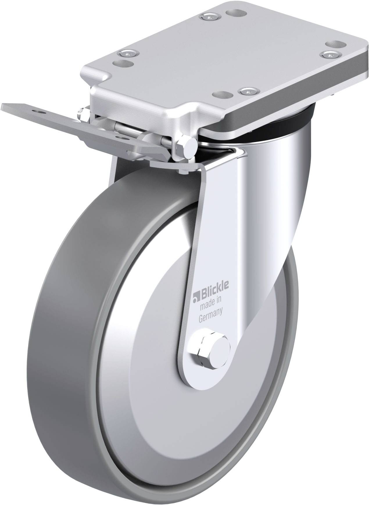 Metallisches Schwenk- und Bremsrollensystem mit Silikonrad, geeignet für industrielle Anwendungen, stabil und robust gestaltet.