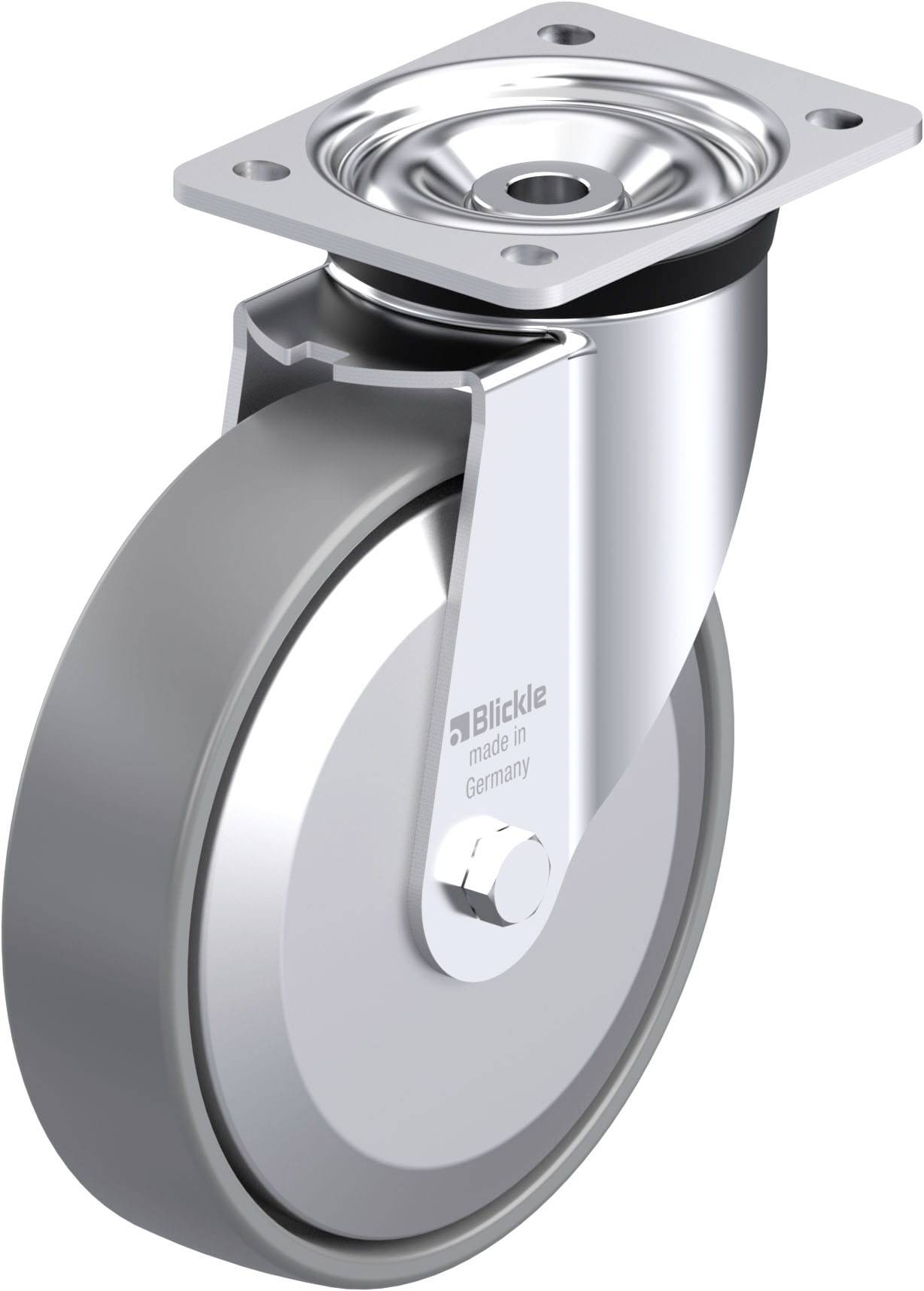 Metallrolle mit grauem Rad und Montagesockel, geeignet für schwere Lasten und industrielle Anwendungen. Herstellermarke sichtbar.