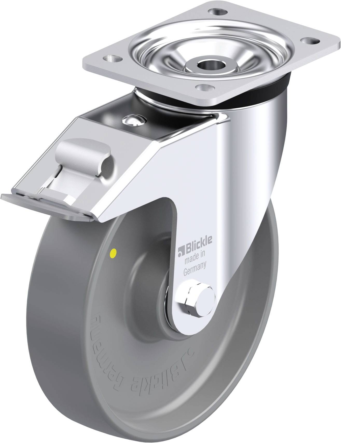 'Lenkrolle mit grauem Rad, Metallhalterung und Befestigungsplatte. Beschriftung: 