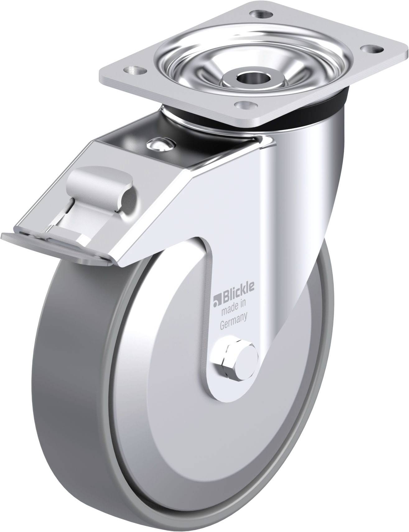 Industrie-Lenkrolle aus Metall, glänzend, mit Gummirad und Befestigungssockel; geeignet für schwere Lasten, hergestellt in Deutschland.