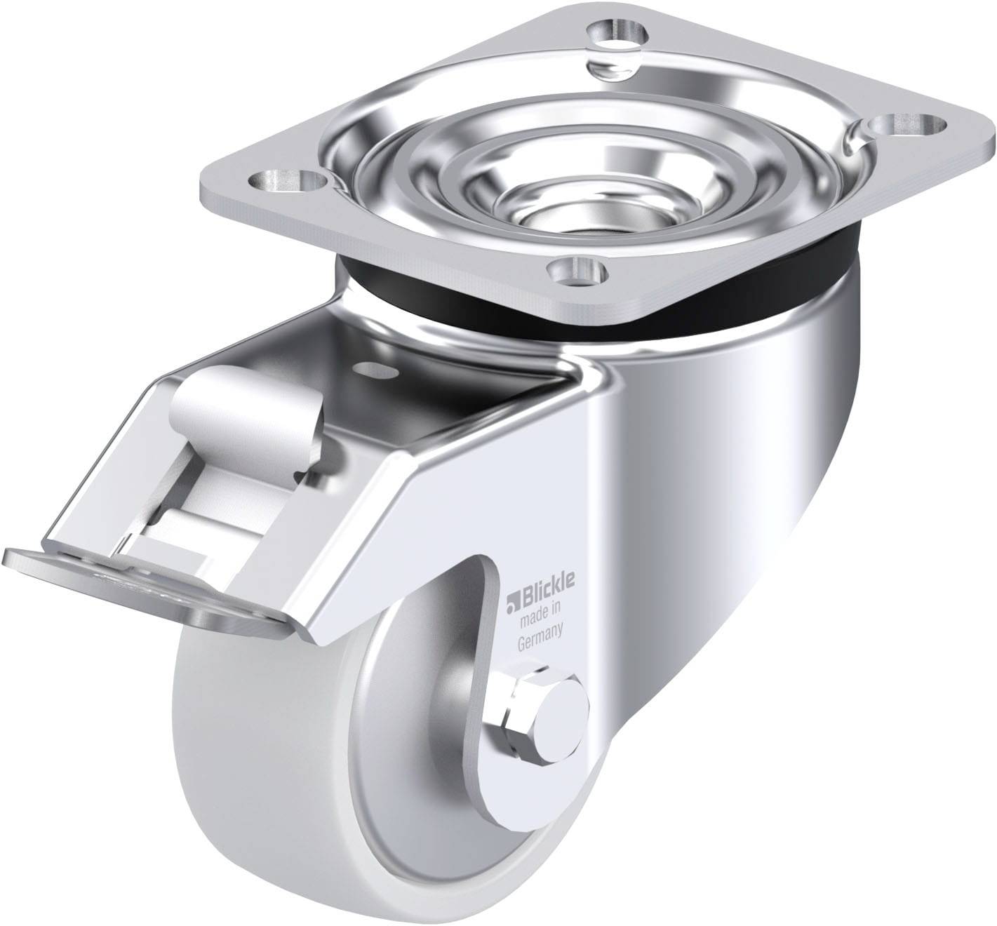 Lenkrolle aus Metall mit silbernem Gehäuse und weißem Rad, geeignet für industrielle Anwendungen.