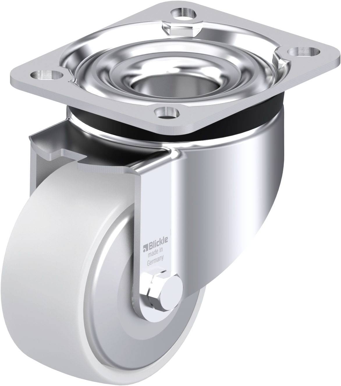 Schwenkrolle aus Metall mit weißem Rad, geeignet für Möbel oder Geräte. Robust und für Mobilität auf glatten Oberflächen konzipiert.