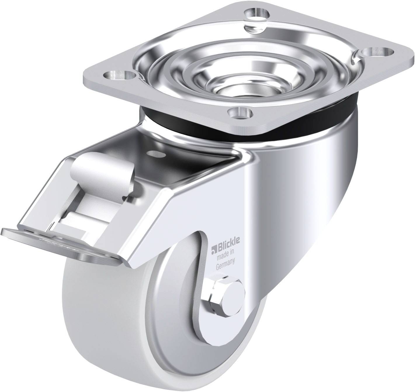 Eine silberne Lenkrolle mit flacher Montageplatte und Gehäuse aus Metall, designed für Möbel oder leichte Geräte, glänzend poliert.