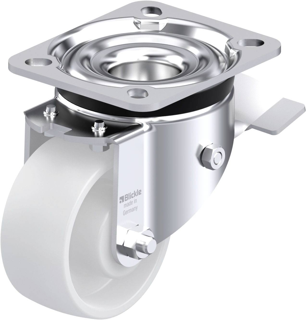 Industrie-Lenkrolle aus Metall mit weißem Rad, geeignet für hohe Belastungen; Befestigungsplatte oben zur Montage.