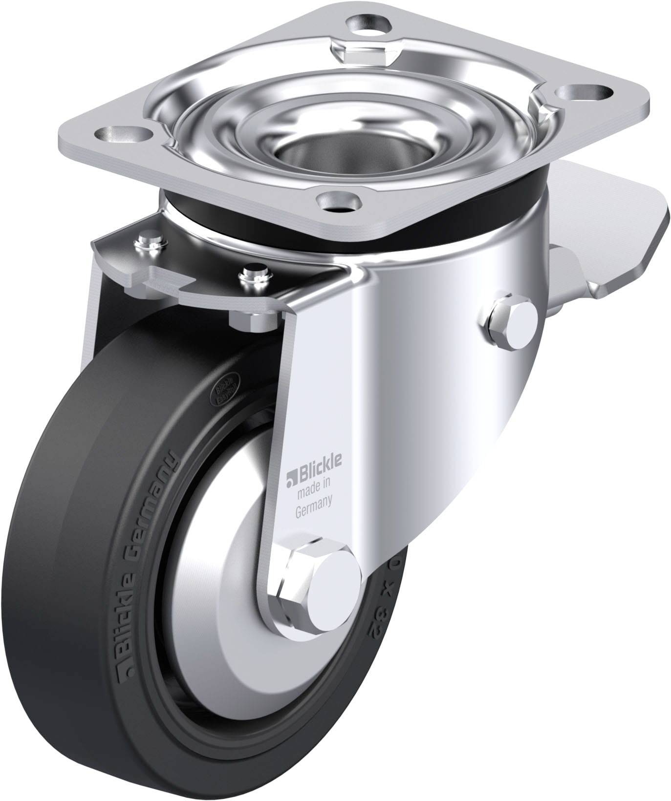 Ein robustes Schwenkrolle mit schwarzem Rad und silbernem Metallgehäuse. Geeignet für industrielle Anwendungen.