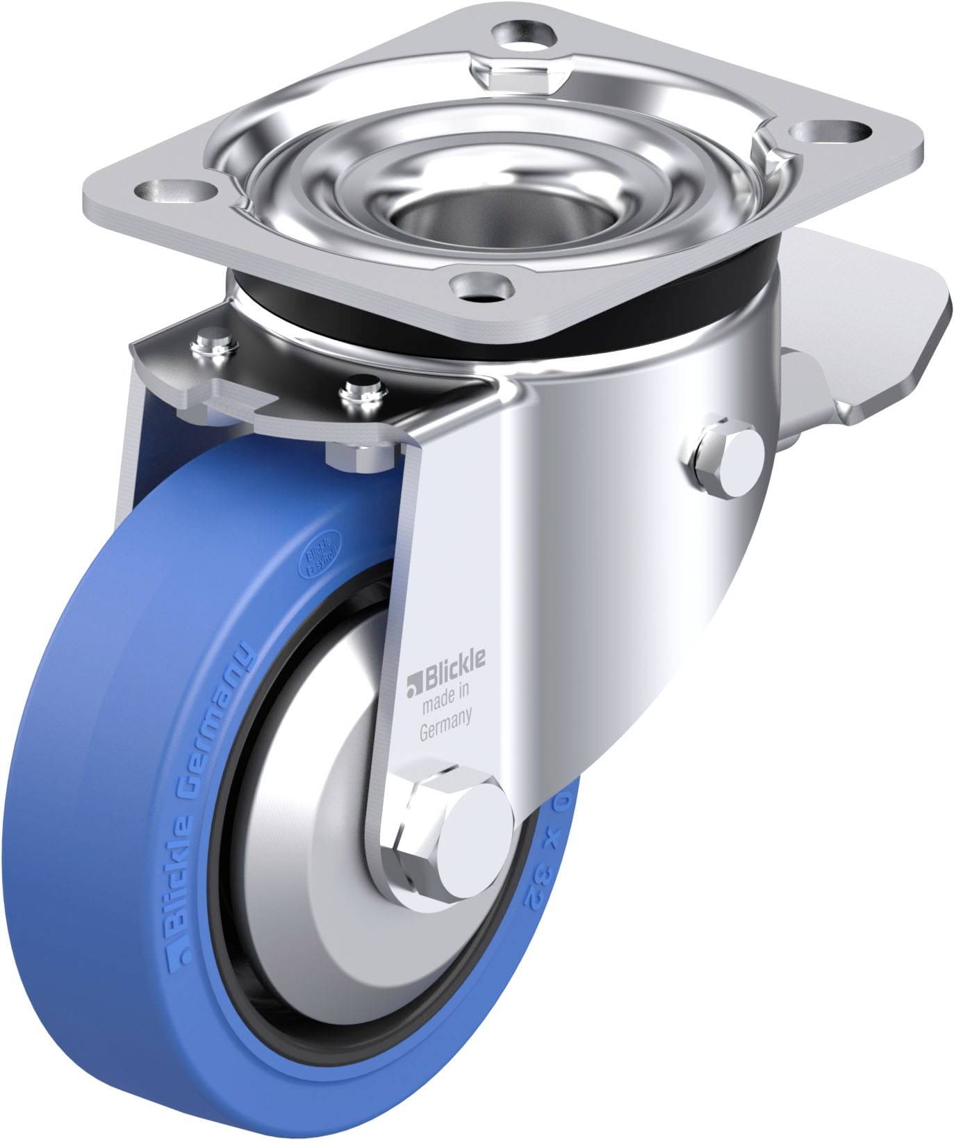 Blaues Lenkrad aus Gummi mit Edelstahlplatte und Bremse, geeignet für industrielle Anwendungen. Die Aufschrift liest 'Blickle'.