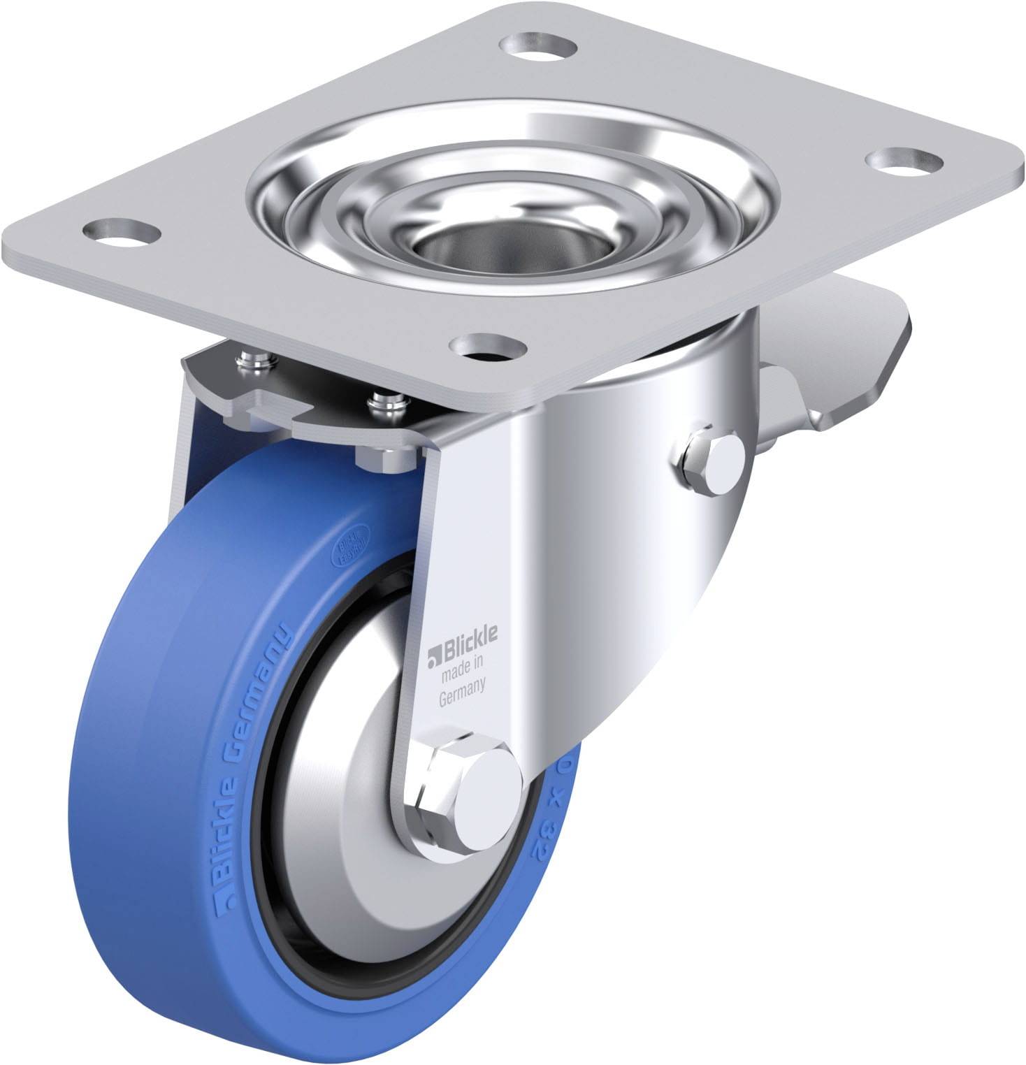 Eine blaue Lenkrolle mit Metallgehäuse und Platte, geeignet für Transportgeräte und Möbel, von der Marke Blickle.