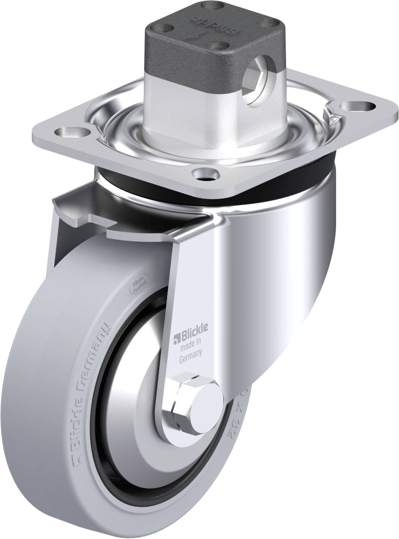 Rollenrolle mit Metallhalterung, kugelgelagert, für industrielle Anwendungen, silber mit grauer Lauffläche und rechteckiger Montageplatte oben.