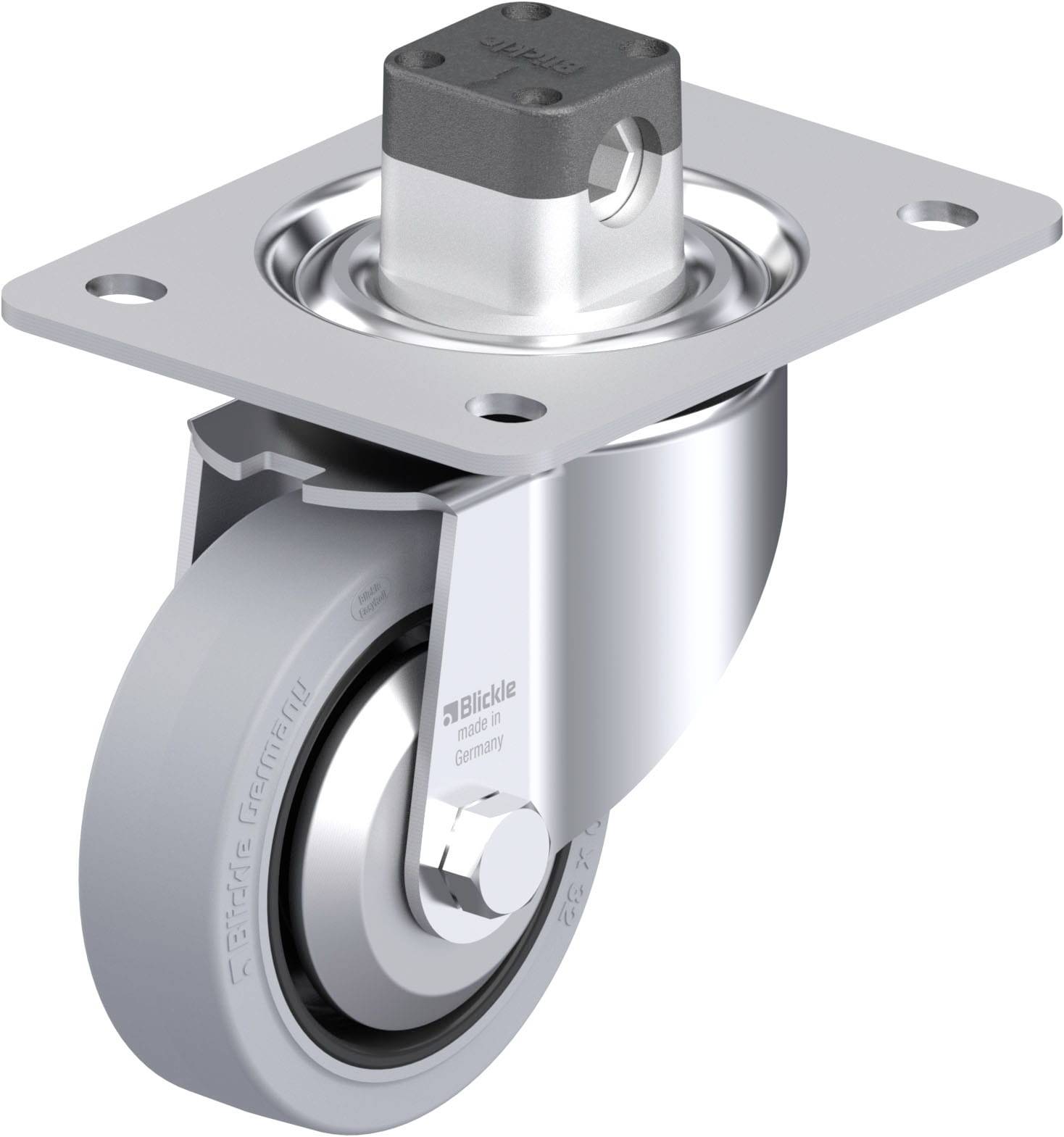 Industrie-Lenkrolle mit grauer Gummibereifung und Metallplatte zur Befestigung. Verwendet für schwere Lasten in industriellen Anwendungen.