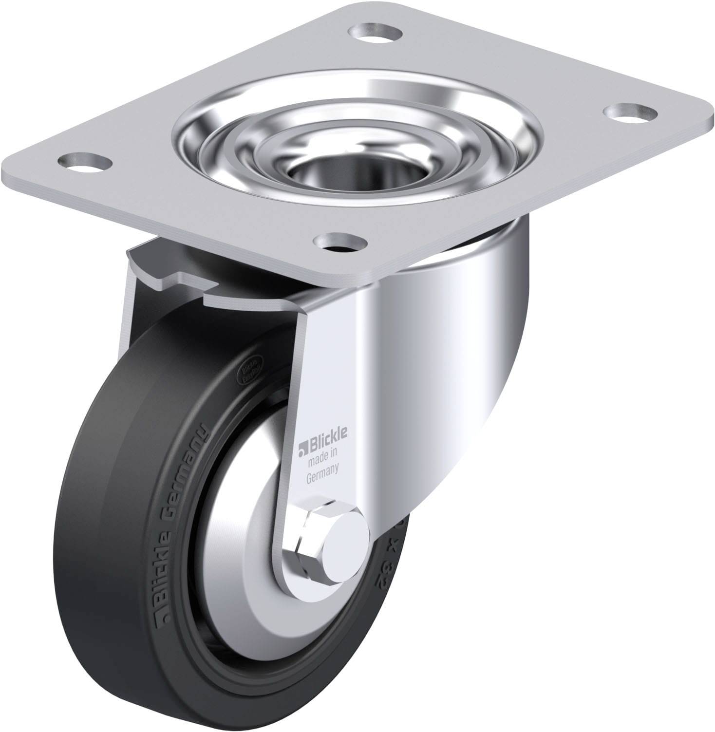 Lenkrolle aus Metall mit schwarzem Rad, geeignet für Möbel oder Transportmittel in industriellen Anwendungen.