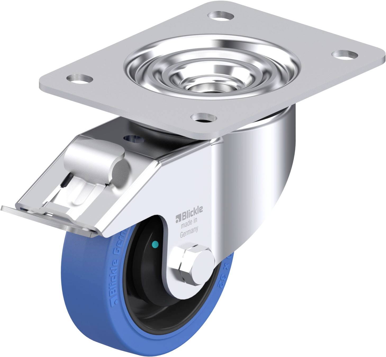 Schwenkrolle mit blauer Gummibereifung und silbernem Gehäuse, geeignet für Transportgeräte, mit Befestigungsplatte oben.