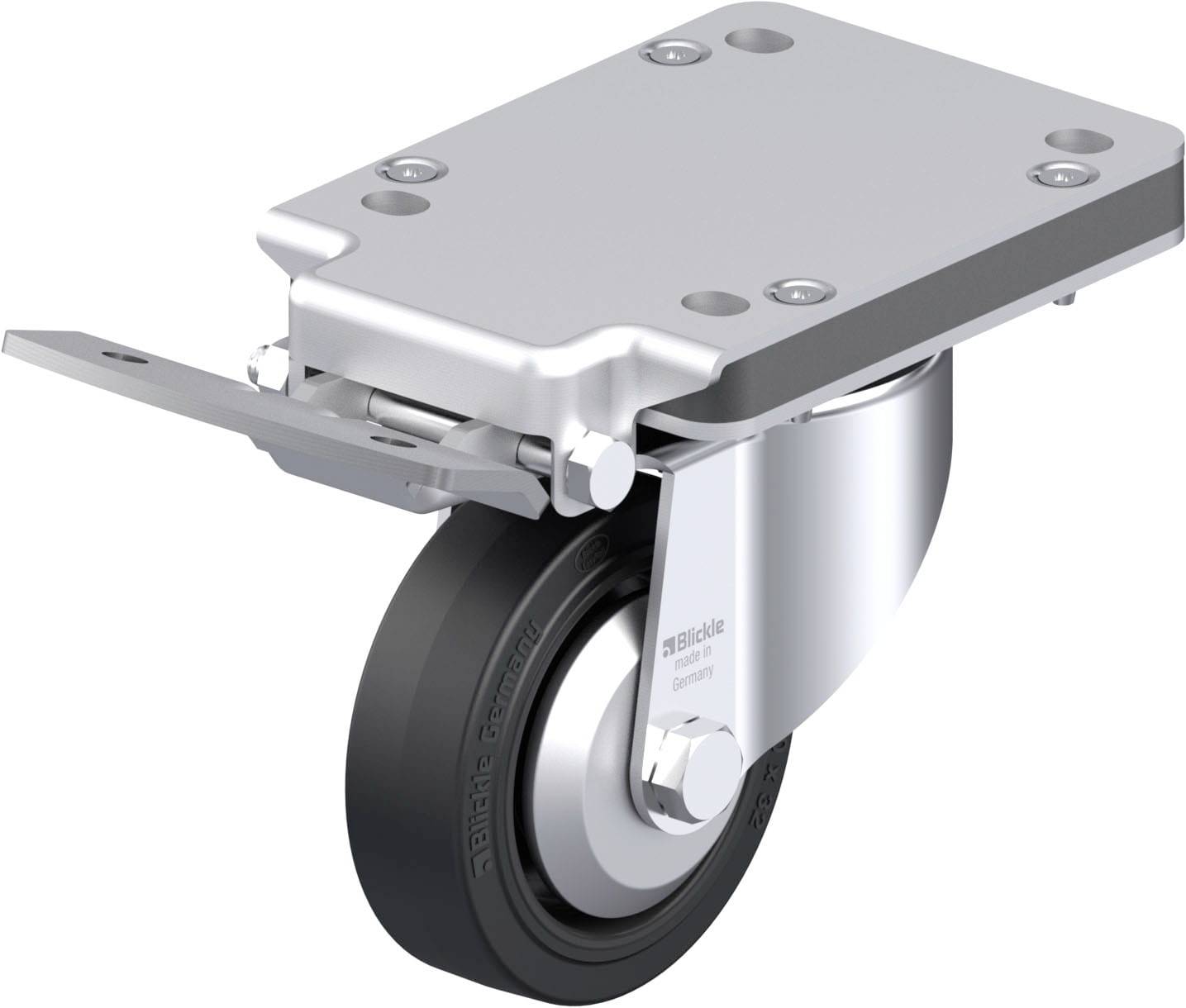 Schwenkrolle mit Bremse und rechteckiger Halteplatte, industrielles Design, Metall und schwarzer Gummi, für Schwerlastanwendungen.