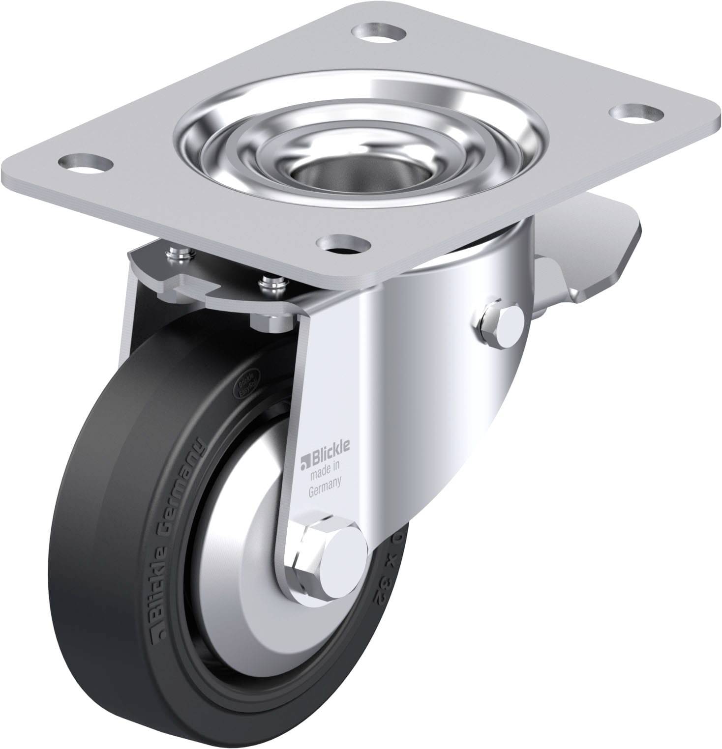 Lenkrolle mit schwarzem Rad und Metallgehäuse für industrielle Anwendungen, montierbare Platte oben.