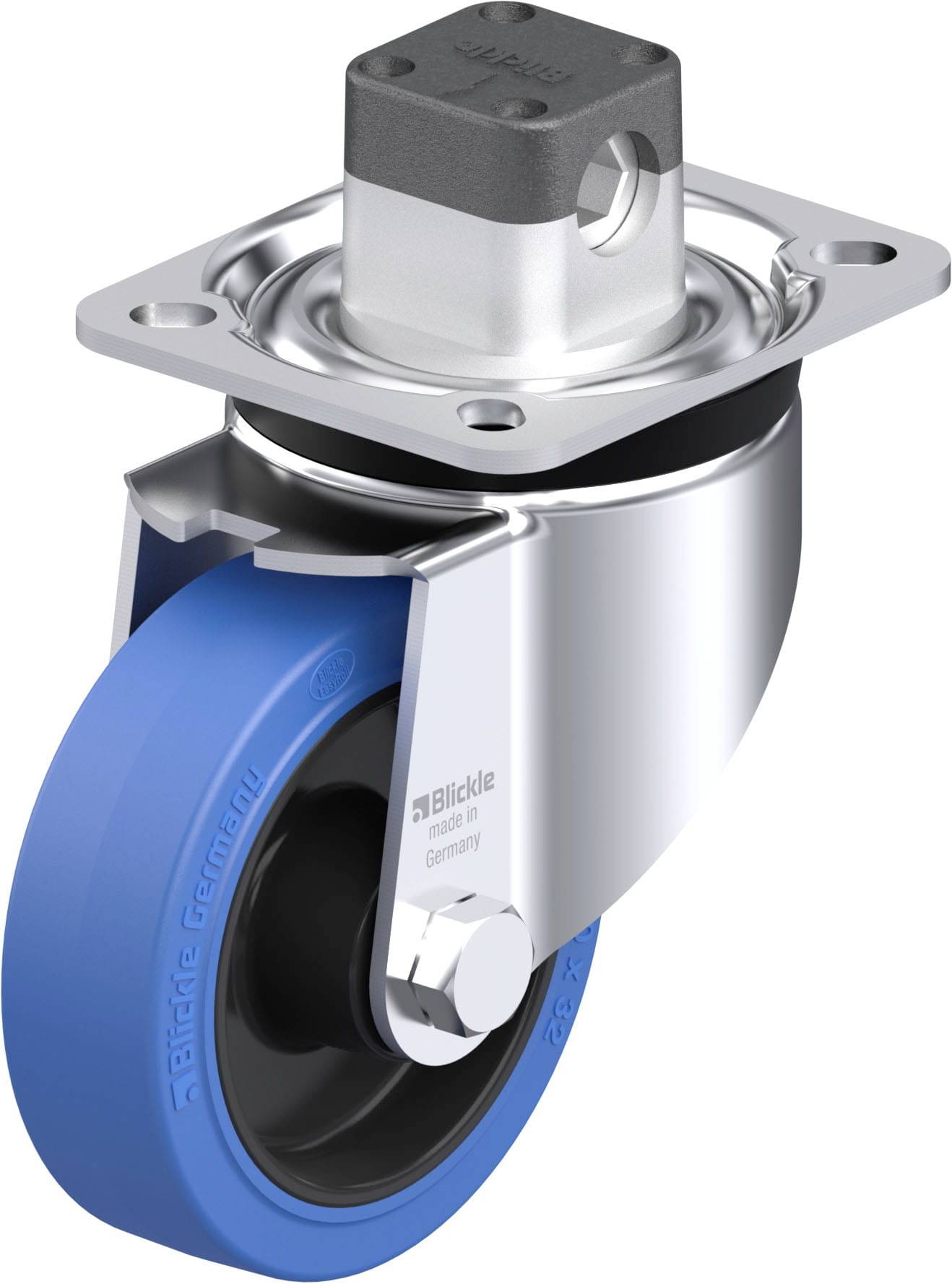 Blaues Lenkrollenrad mit metallischer Halterung und grauem Anschlussstück, beschriftet mit 'Blickle', produziert in Deutschland.