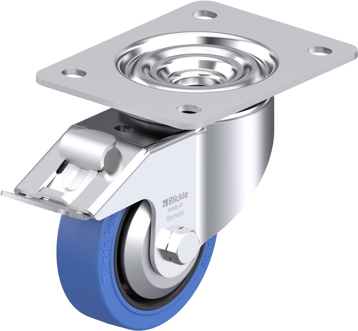 Metall-Schwenkrolle mit blauer Gummibereifung, angebracht an einer Metallplatte. Sicherungsmechanismus sichtbar, industrielles Design.