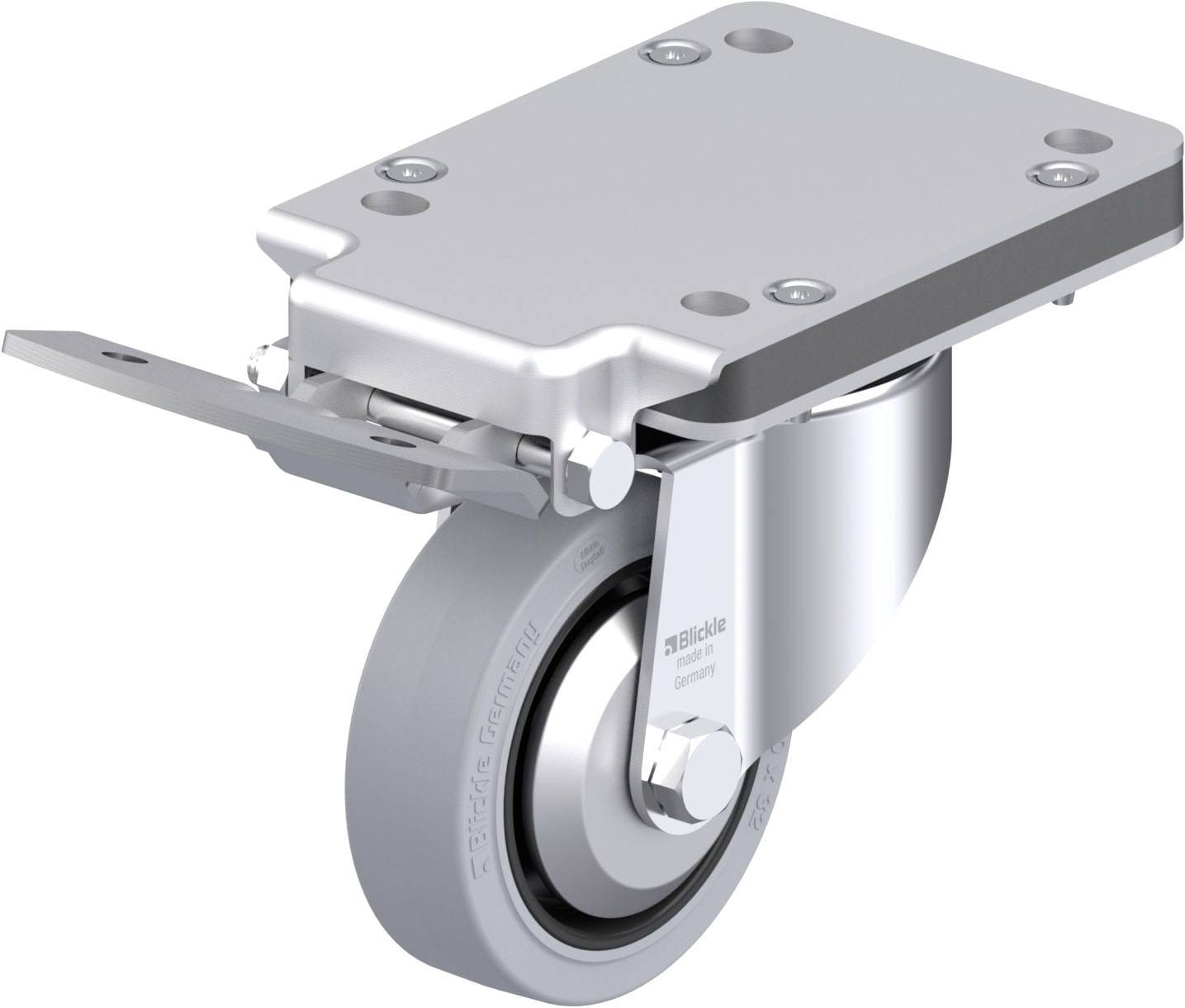 Platte mit schwenkbarem Rad, Metallstruktur, vier Schraubenlöcher, geeignet für bewegliche Möbel oder Geräte.