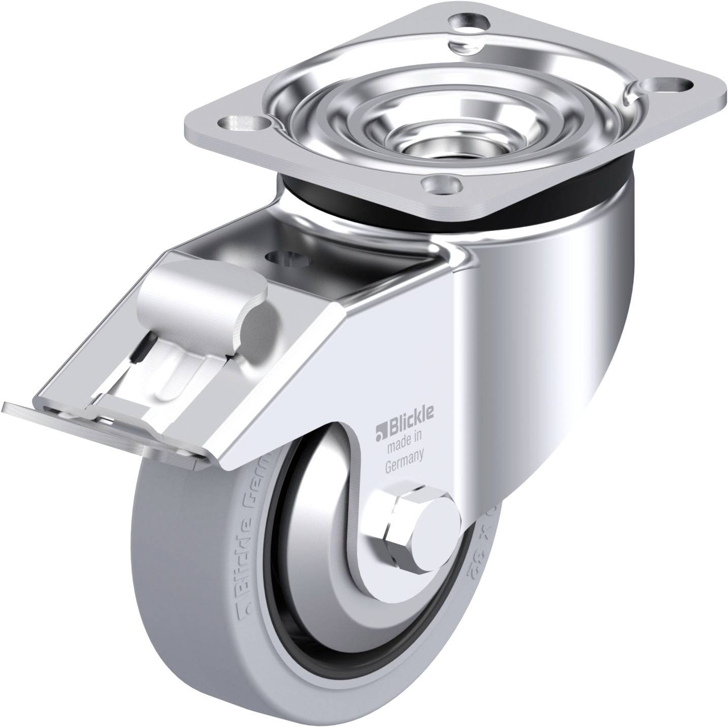 Graue, schwenkbare Transportrolle mit Metallgehäuse. Markenname 'Blickle' und 'made in Germany' auf der Seite eingeprägt.