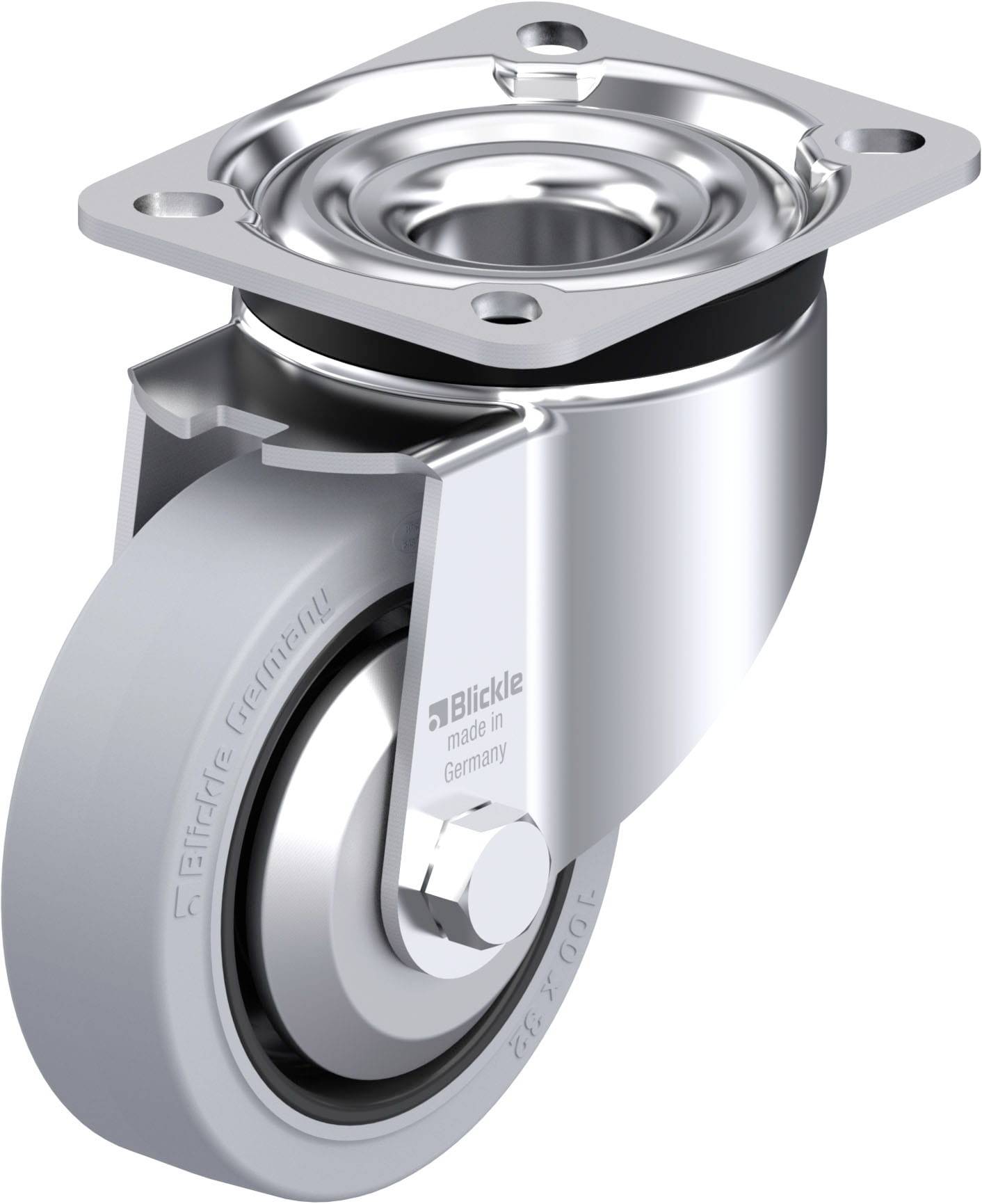 Lenkrolle aus Metall mit grauem Rad, geeignet für Industrieanwendungen; stabil und strapazierfähig.