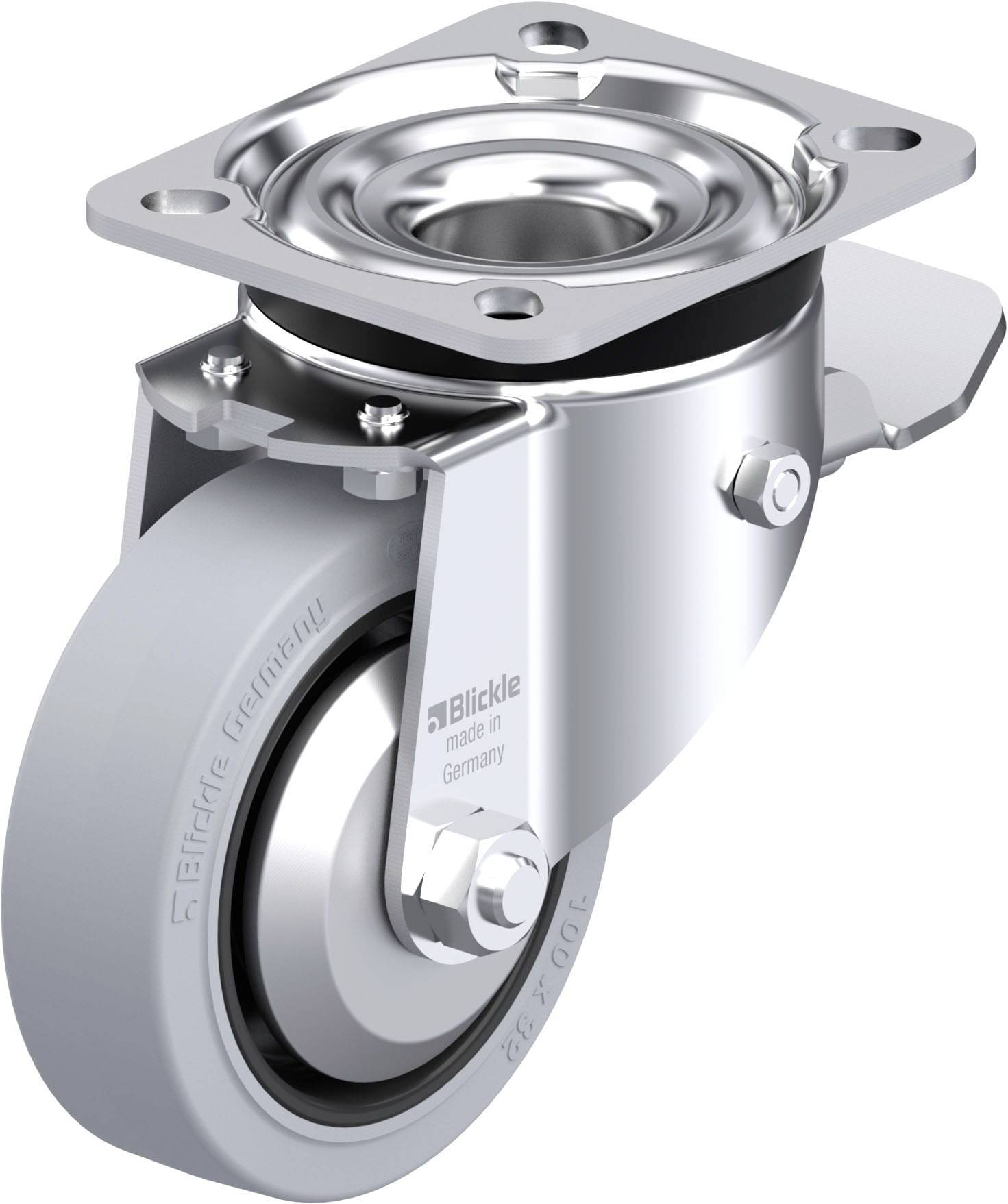Graue Lenkrolle aus Metall mit Bremse, hergestellt in Deutschland, von der Marke Blickle. Geeignet für industrielle Anwendungen.