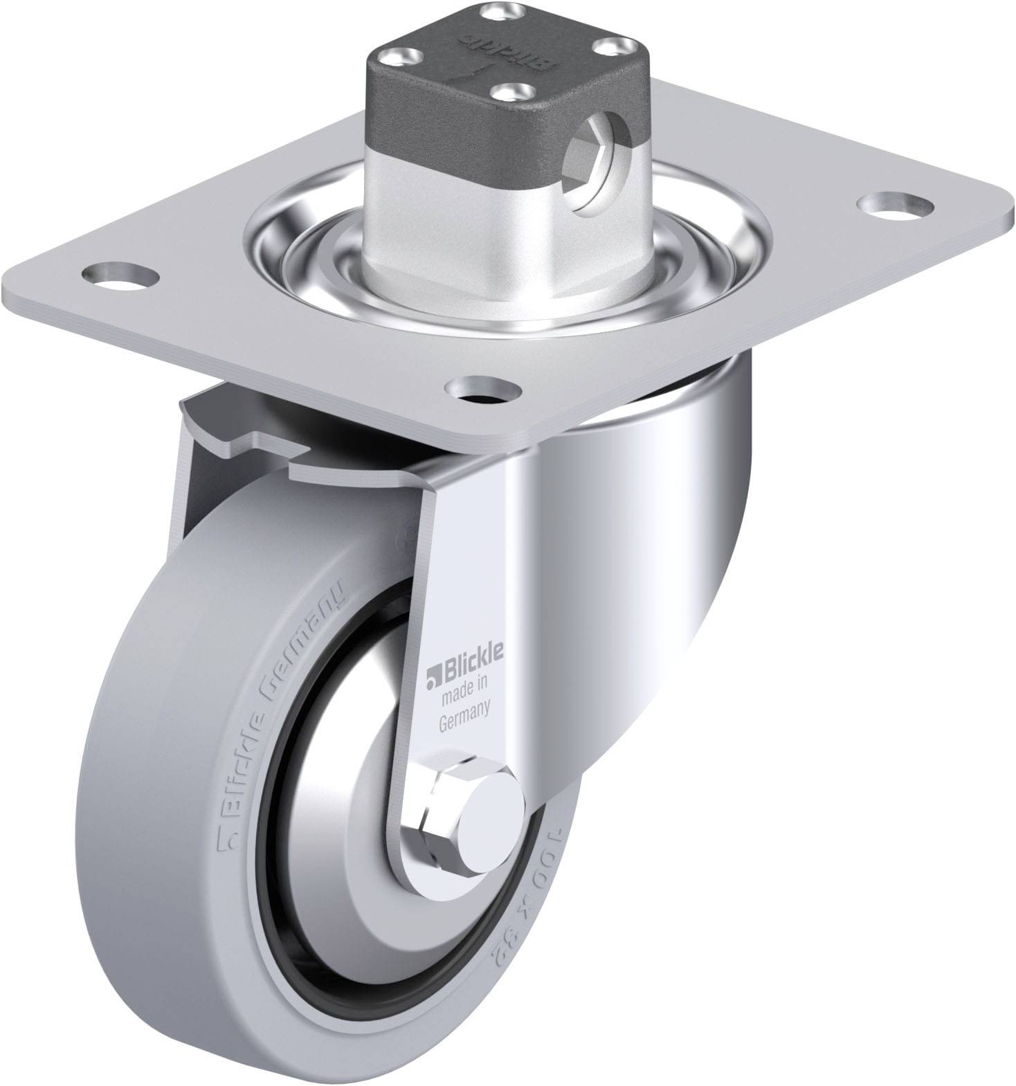 Industrie-Rolle mit grauem Rad und silberner Halterung. Sie hat eine drehbare Befestigungsplatte und Kugellager zur leichten Lenkung.