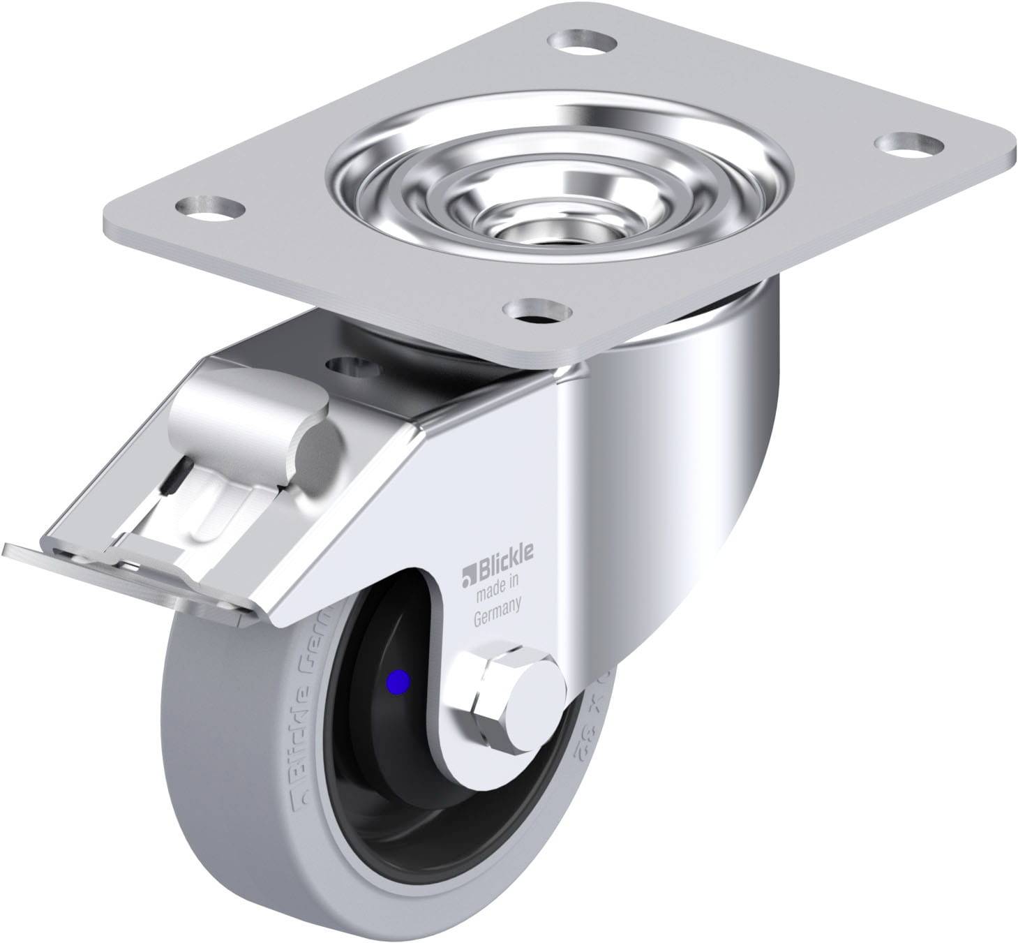 Schwenkrolle aus Metall mit grauem Rad und rechteckiger Montageplatte, ideal für Transportlösungen.