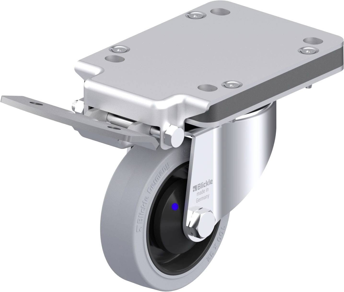 Schwenkrolle mit grauem Rad und silberner Halterung, geeignet für schwere Lasten. Markierung 'Blickle', hergestellt in Deutschland.