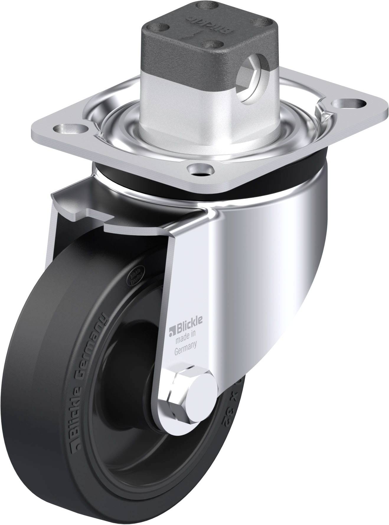 Industrie-Lenkrolle mit schwarzem Rad und silbernem Gehäuse, geeignet für Transportgeräte. Oben eine Metallbefestigung.
