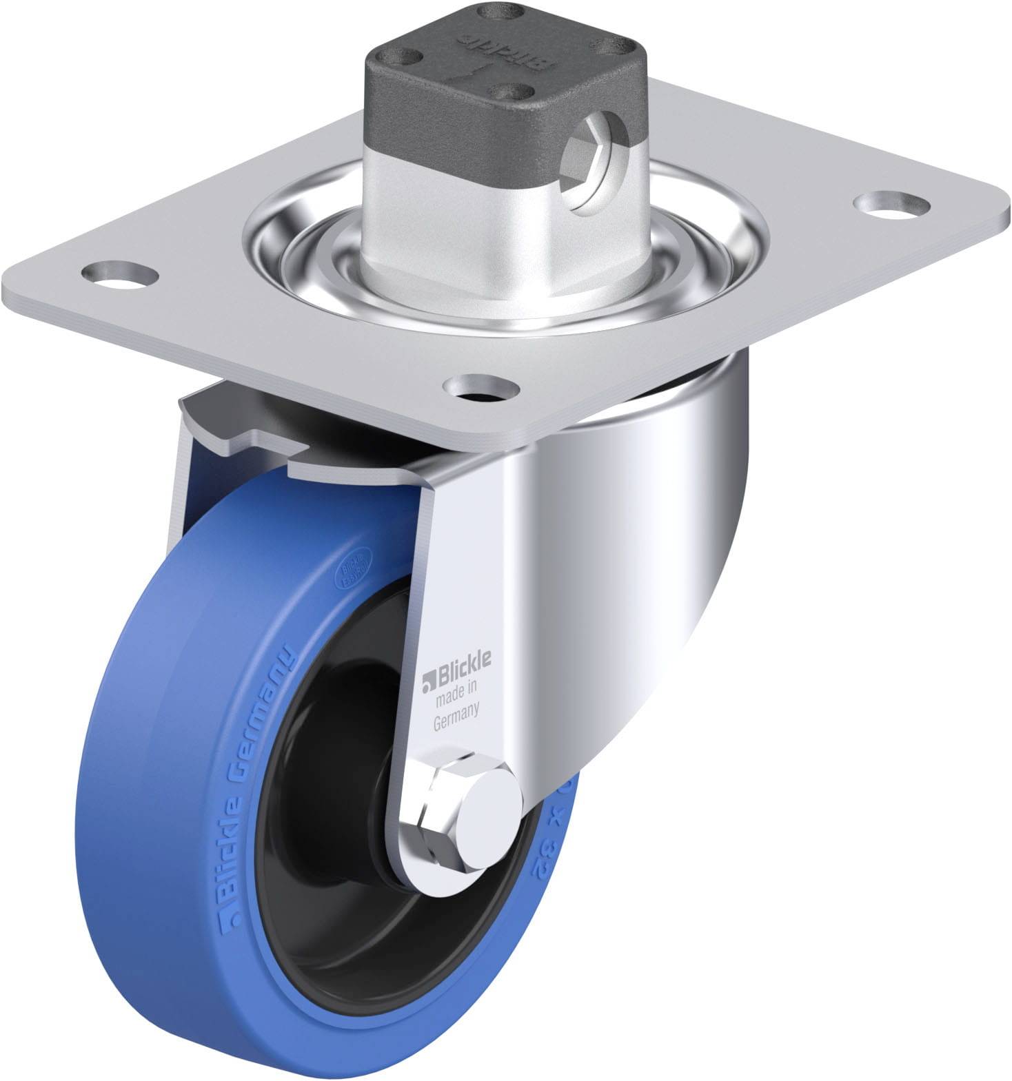 Schwenkrolle mit Metallplatte und blauem Rad. Geeignet für Möbel oder Transportgeräte. Robuste Bauweise für glatte Bewegung.