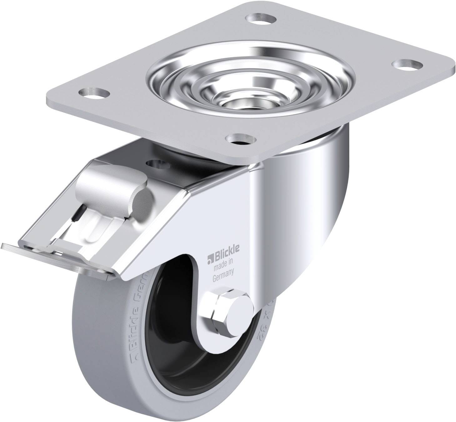 Metallisches Dreh-Lenkrolle mit Befestigungsplatte, geeignet für schwere Lasten, Industrieumgebung.