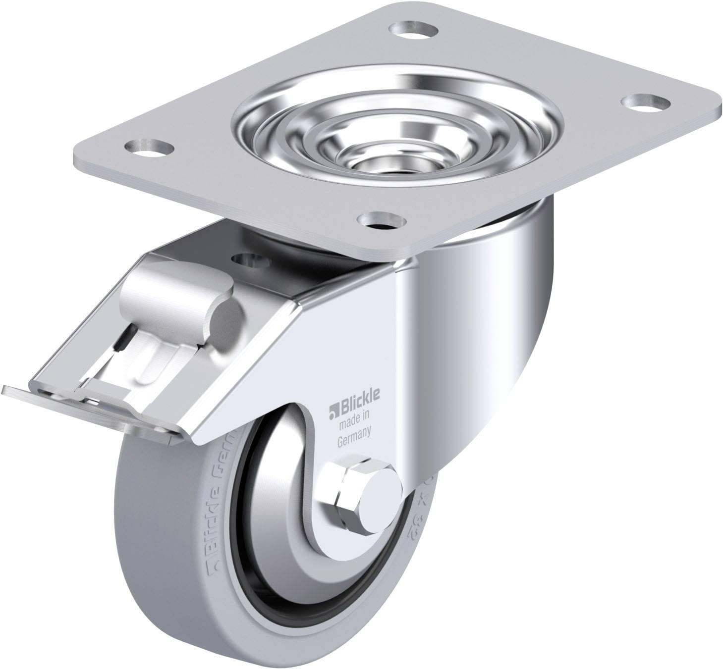Schwenkrolle mit Metallgehäuse und Rad, seitlicher Befestigungsplatte und Bremse, geeignet für schwere Lasten in industriellen Anwendungen.