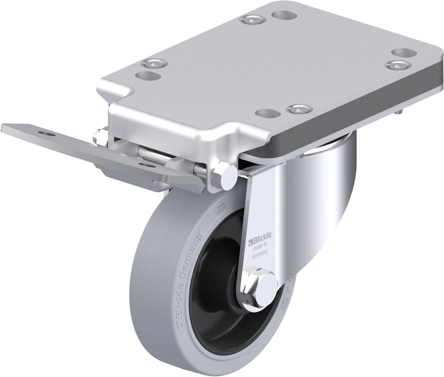 Metallrolle mit grauem Rad und Befestigungsplatte, geeignet für Möbel oder Geräte, bietet Beweglichkeit und Stabilität.