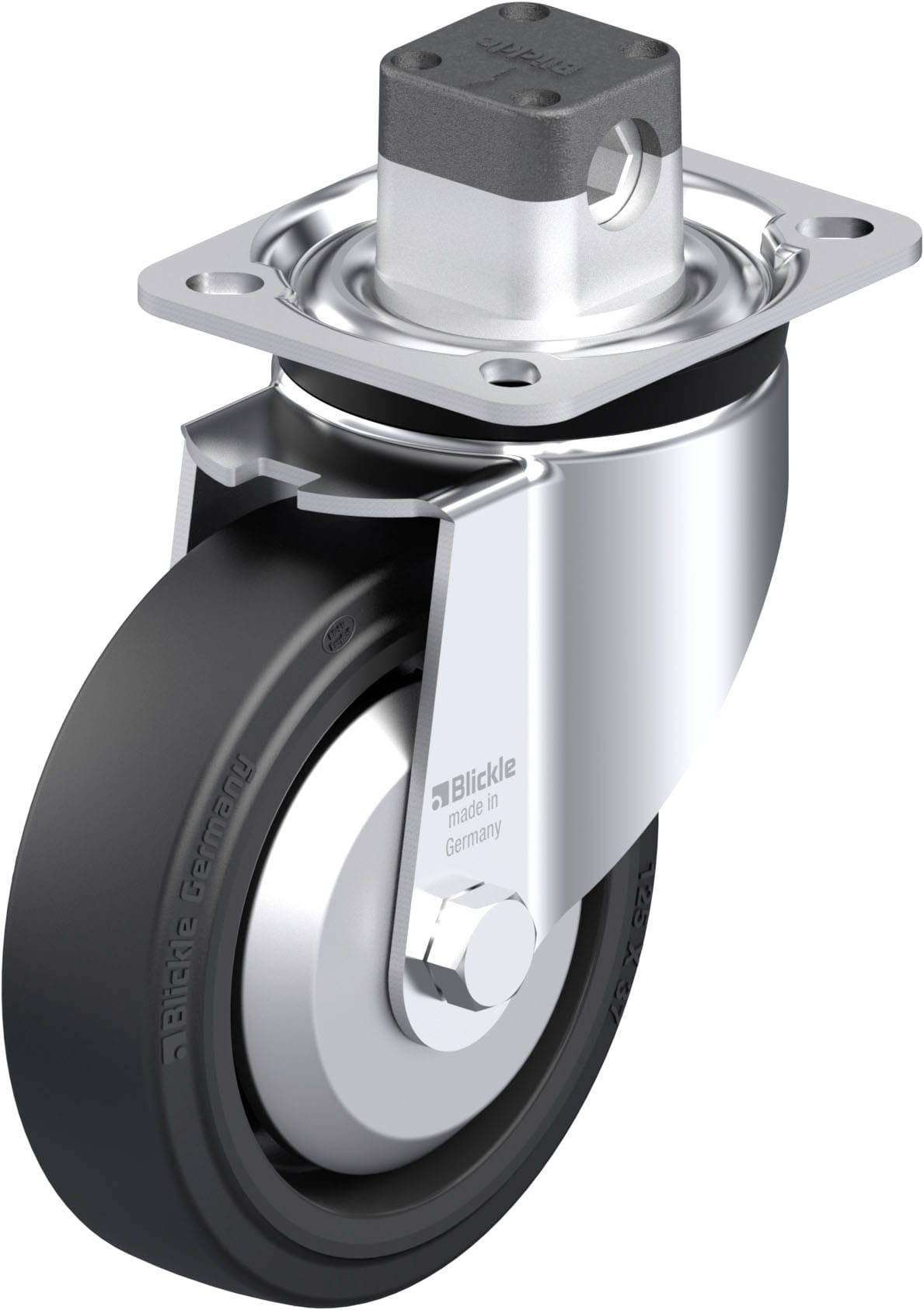 Schwenkrolle mit schwarzem Rad und silbernem Metallgehäuse. Blocca-Mechanismus oben zur Befestigung. Markiert 'Blickle'.