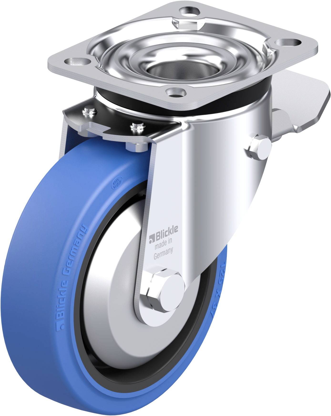 Blaues Rad mit Metallgehäuse, montiert auf einer Metallplatte. Geeignet für Industriemaschinen oder schwere Geräte.