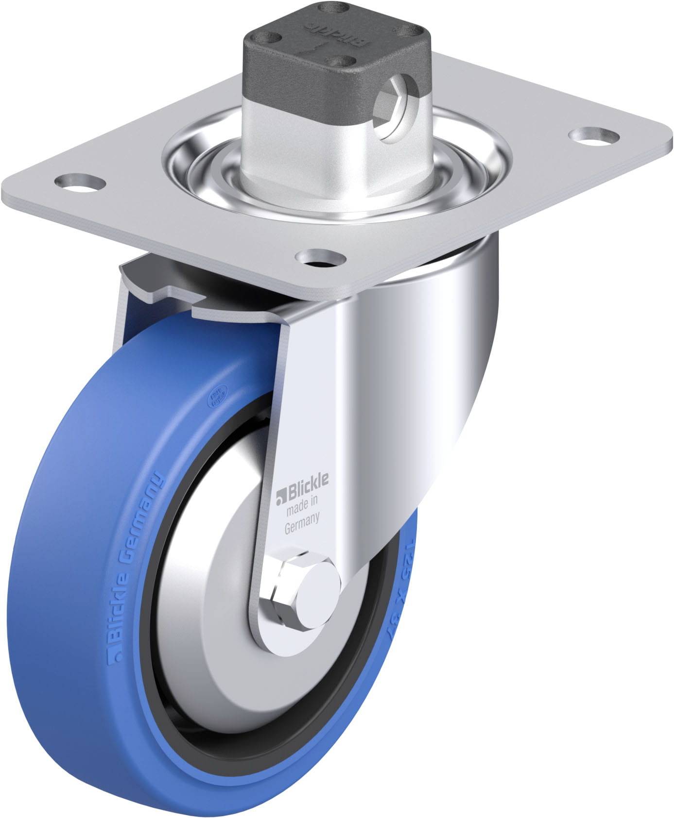 Schwenkrolle mit blauer Gummibeschichtung und Metallgehäuse, geeignet für Möbel oder Industrieanwendungen.