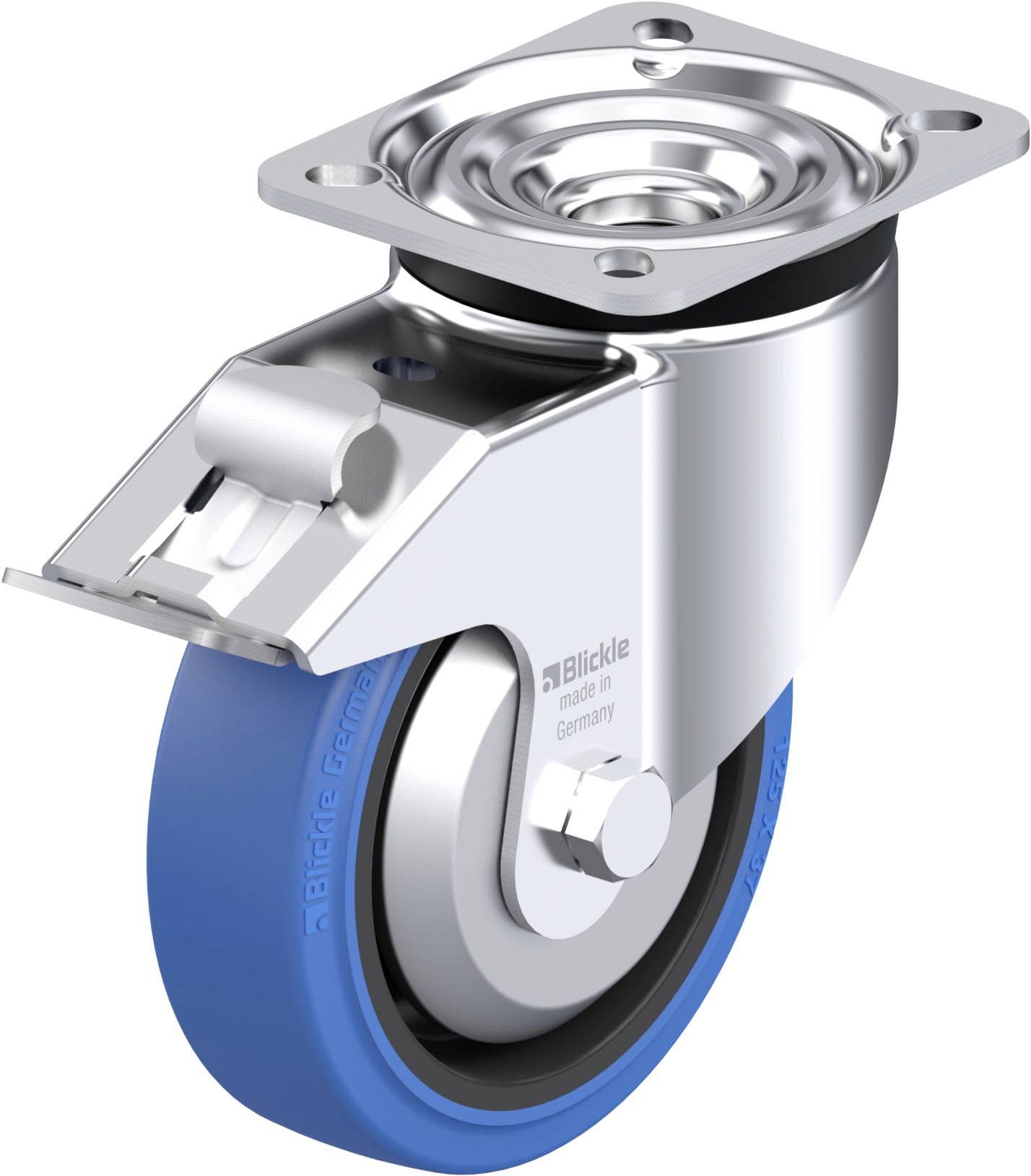 Industrie-Rollenrad mit blauer Gummi-Lauffläche, silbernem Gehäuse, beweglichem Halter und Montagesockel.