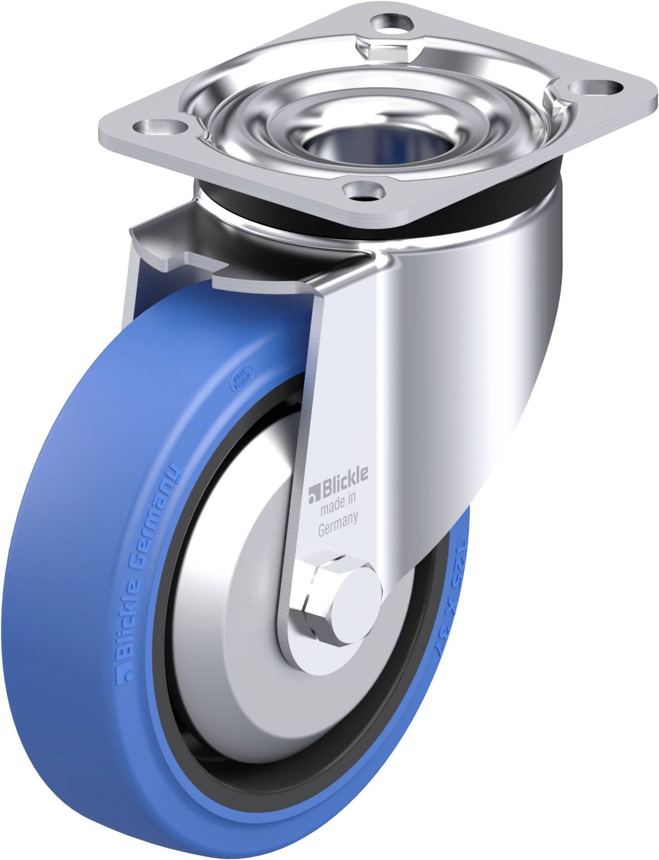 Eine blaue Rolle mit silbernem Gehäuse und Befestigungsplatte, geeignet für Möble oder Transportgeräte. Made in Germany.
