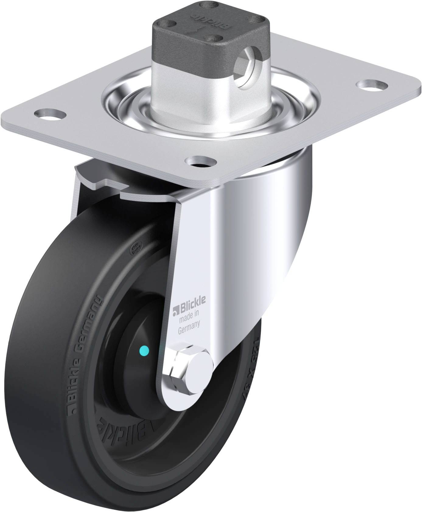 Eine drehbare Rolle mit schwarzem Rad und silbernem Gehäuse, geeignet für Schwerlastanwendungen, von der Marke 'Blickle'.