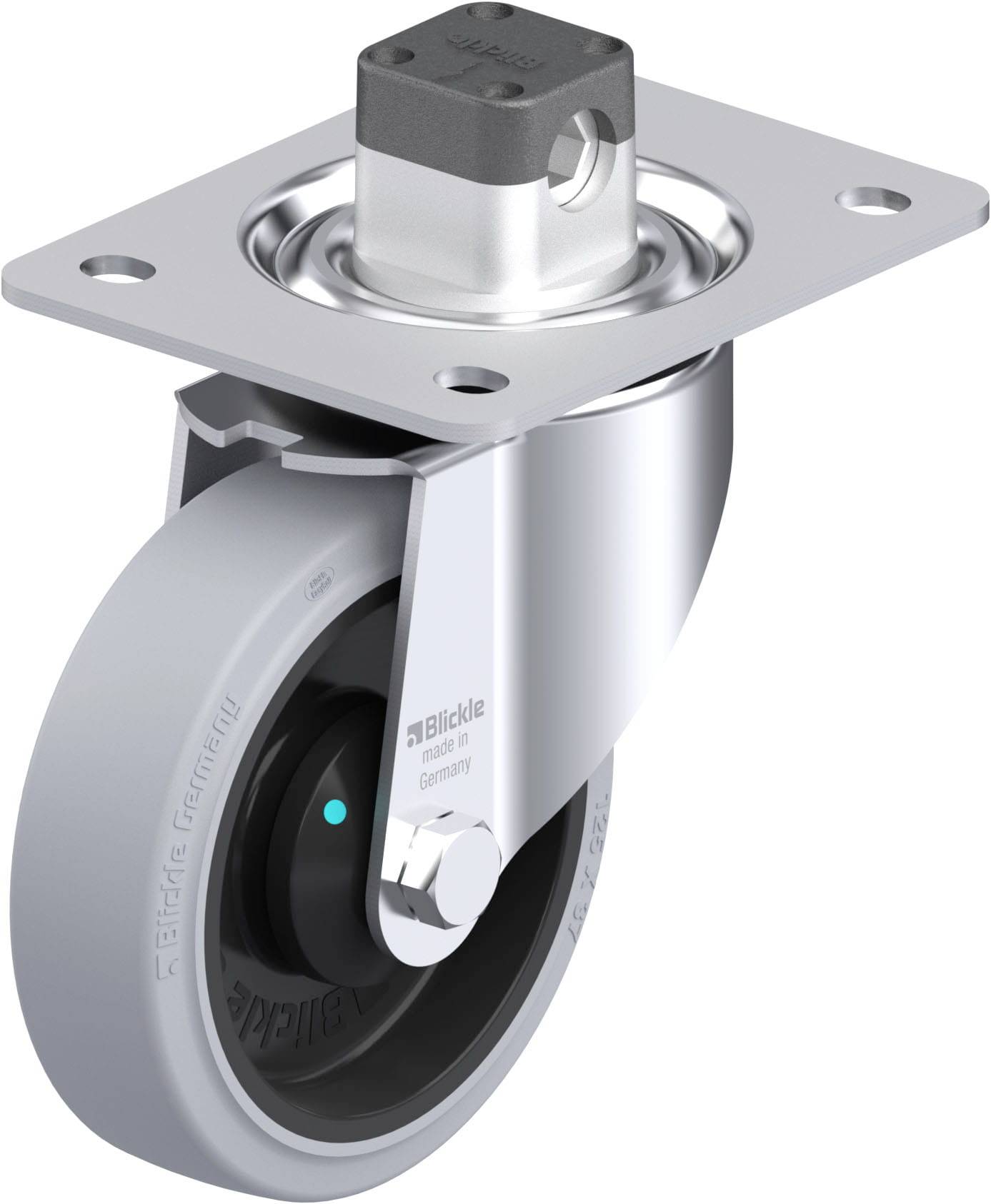 Lenkrolle mit grauem Rad, Metallhalterung und rechteckiger Befestigungsplatte. Gezeigte Marke 'Blickle'.
