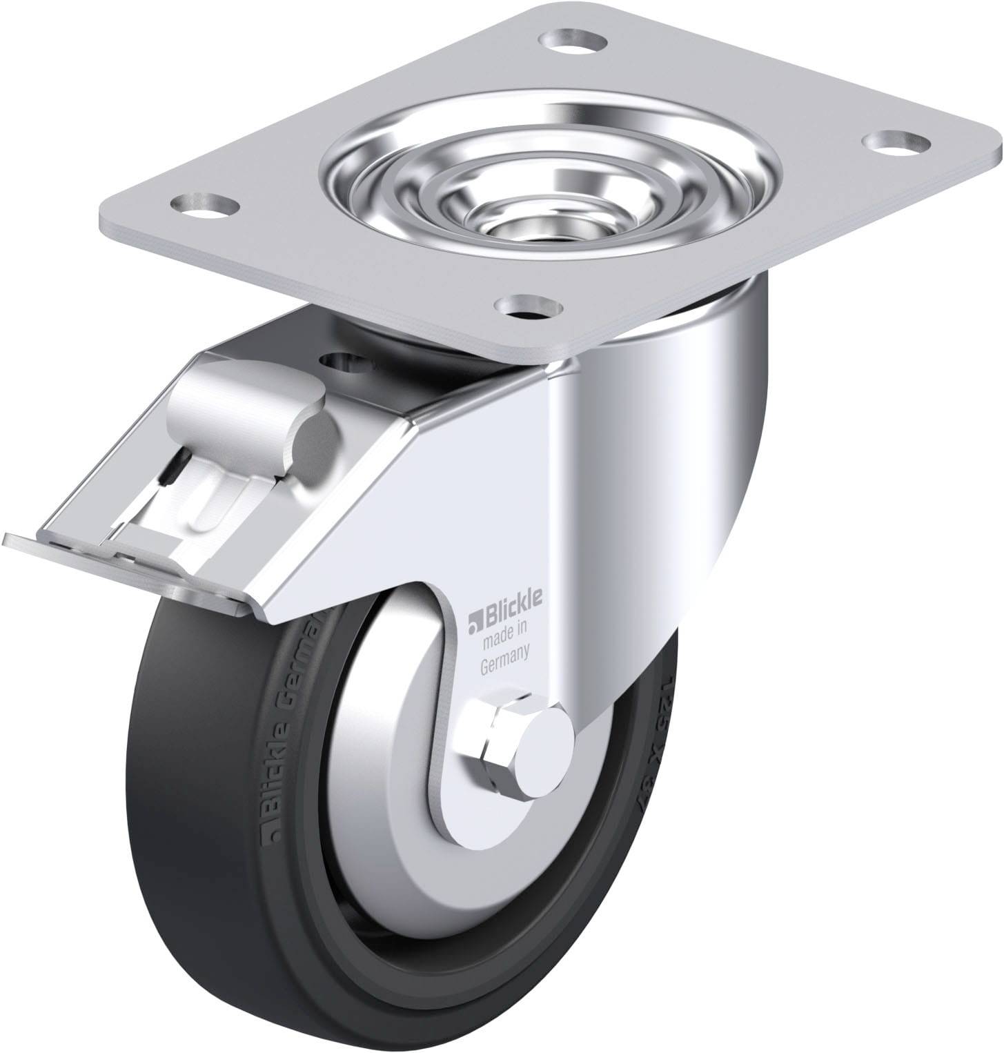 Lenkrolle aus Metall und Gummi mit Befestigungsplatte, geeignet für Möbel oder Geräte.