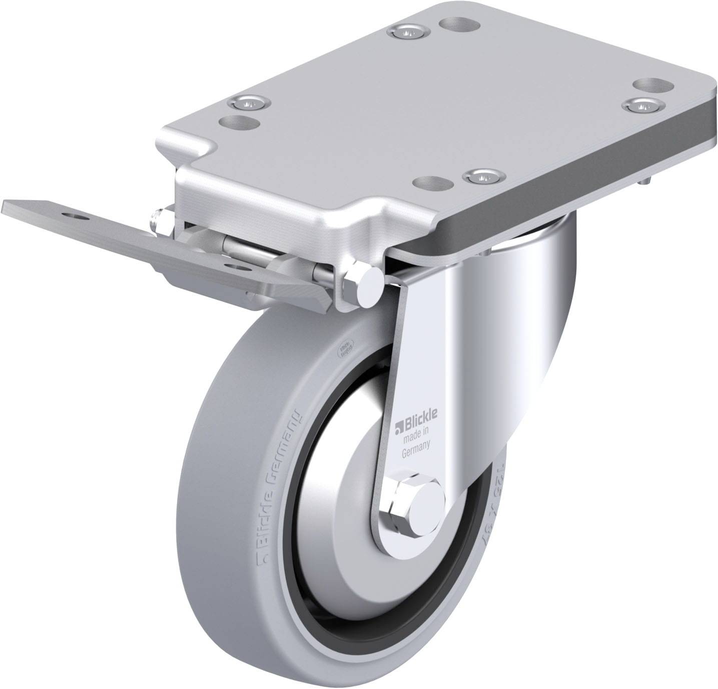 Schwenkrolle aus Metall und Kunststoff mit grauem Rad, geeignet für Transportgeräte.
